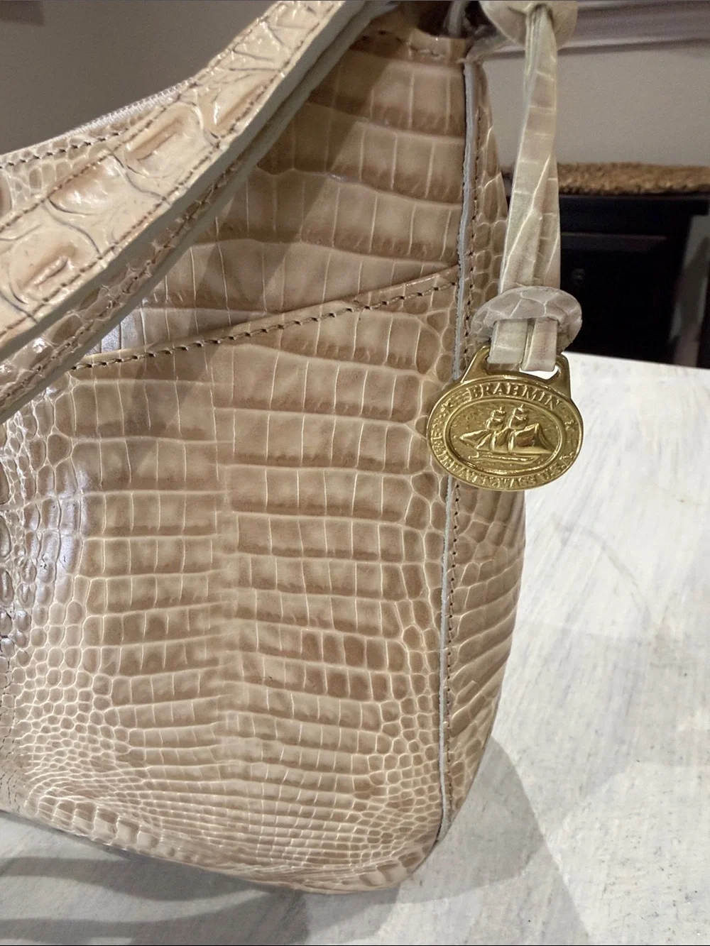 Vintage Brahmin Isabelle Croc-Embossed Hobo in Light Taupe